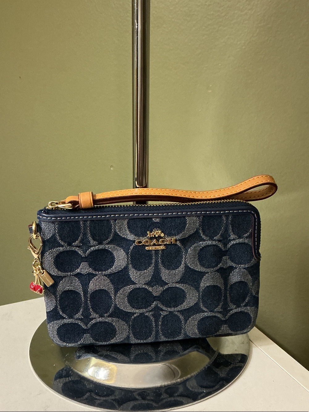 Coach Denim Signature Wristlet in Navy with Tan Strap & Cherry Charm